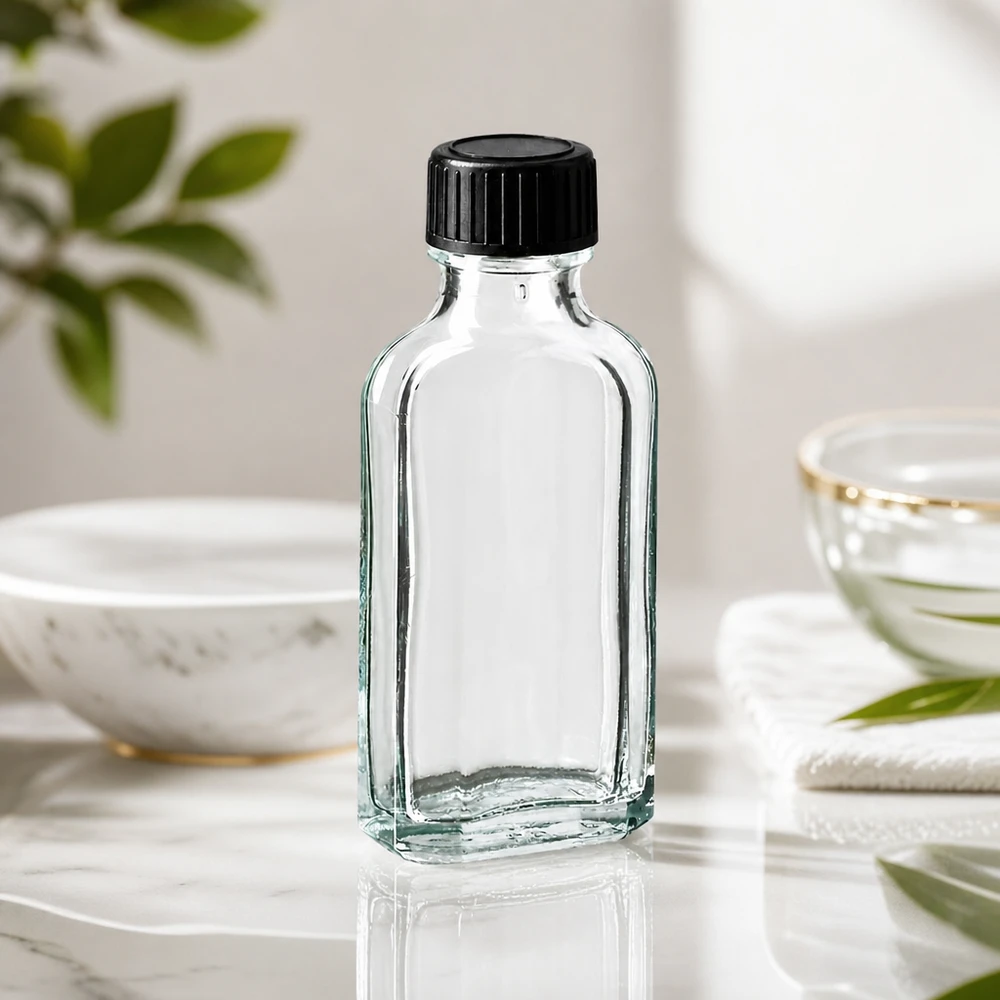 Suorakulmainen 50 ml:n Meplat-lasipullo, kirkas, mustalla kierrekorkilla, marmoripinnalla