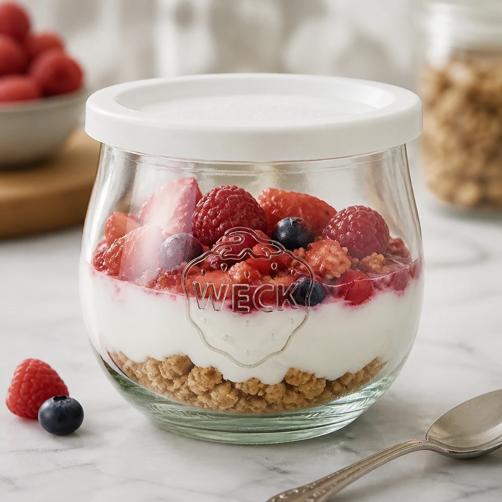 370 ml:n tulppapullo tuoreuskannella, WECK RR80 WECK tulppaanipurkki 370ml jälkiruokakulhona täynnä jogurttia ja marjoja, valkoinen raikkauskansi RR80 näkyvillä