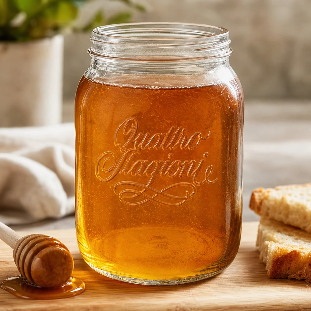 2000ml pyöreä purkki "Quattro Stagioni" QS110mm. Quattro Stagioni 2000ml kotitalouspurkki täynnä hunajaa puisella laudalla, jossa on hunajalusikka ja hunajakenno.