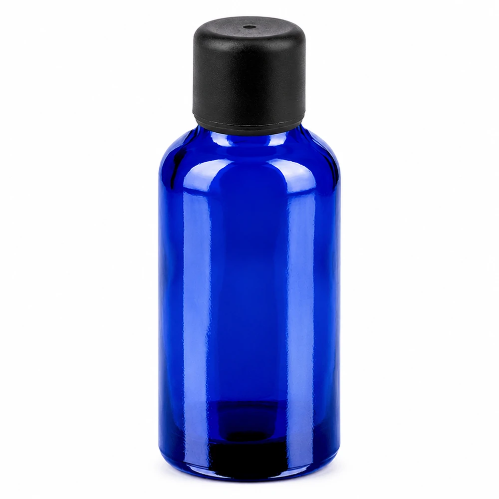 30ml pullo 6mm kierrekorkki musta Standard BlueLine UT18/30 Sininen 30ml lasipullo mustalla korkilla eteerisille öljyille ja kosmetiikalle.