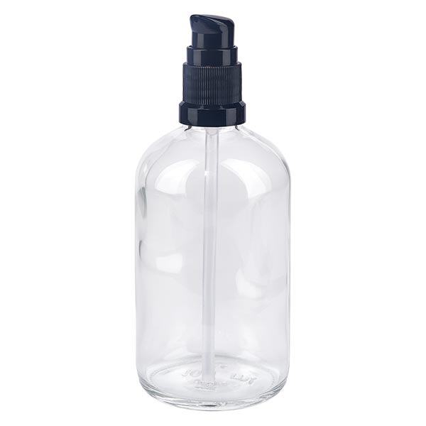 Apteekkipullo kirkas 100ml pumppukorkki musta standardi Apteekkipullo kirkas 100ml pumppukorkki musta standardi
