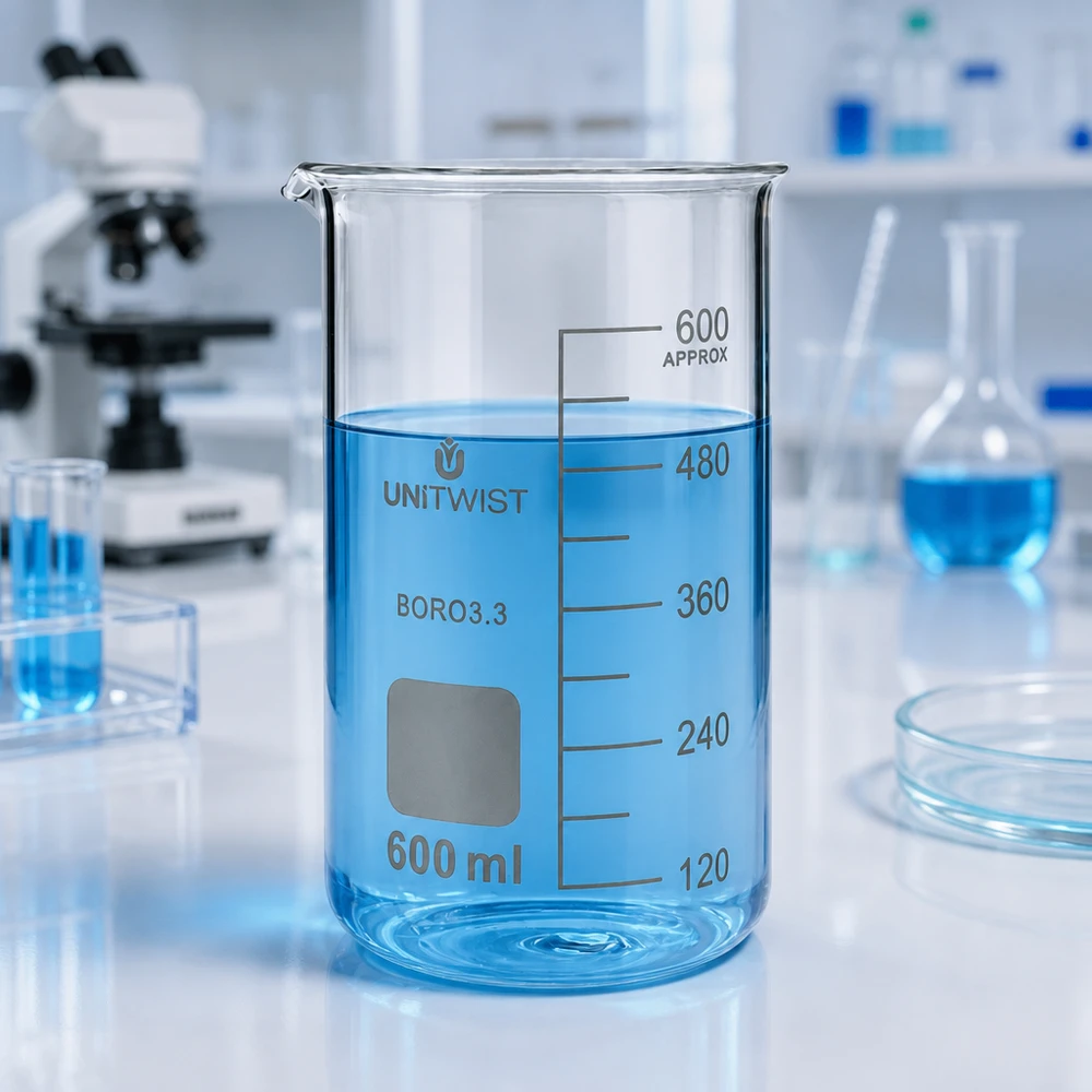 UNITWIST 600 ml:n borosilikaattilasi, korkea malli, jossa on sinistä nestettä laboratoriossa