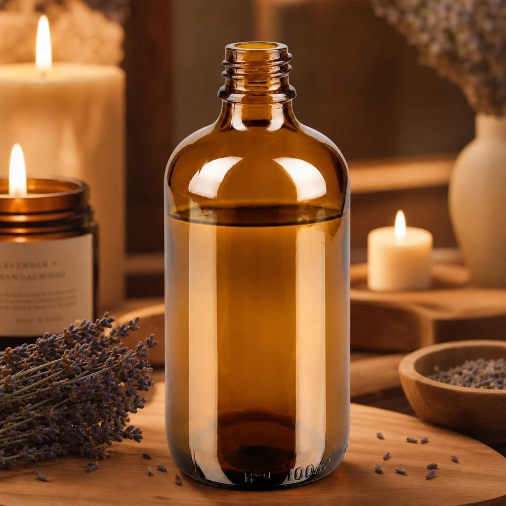 Tippapullo 100 ml DIN 18 meripihkanvärisestä lasista valmistettu tippapullo. Ruskea 100ml ApoGlas-apteekkipullo, jossa on laventelin aromaterapiaa ja kynttilöitä lämpimässä ympäristössä puulla.