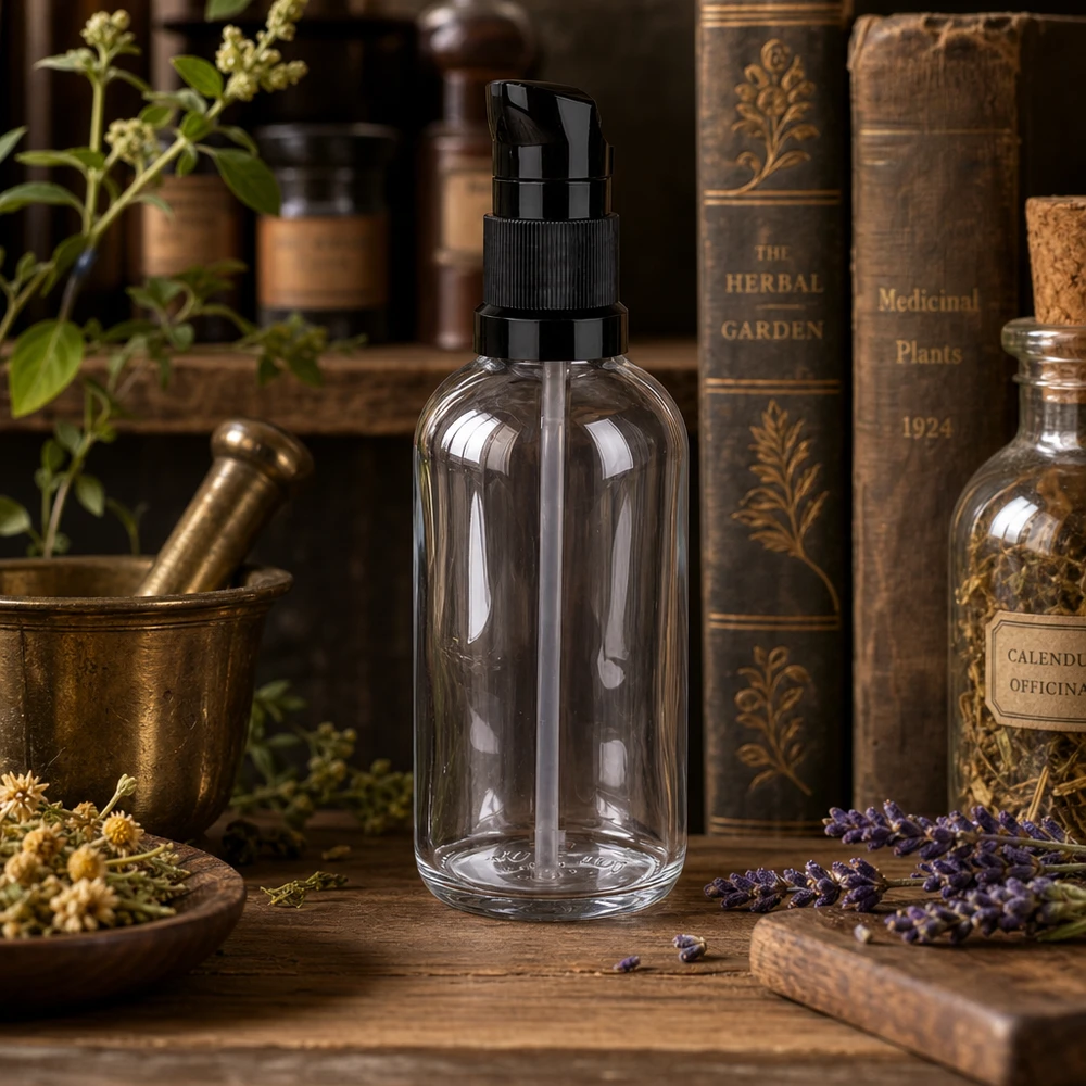 100 ml:n pumppupullo ClearLine UT18, tyhjä, läpinäkyvä, musta annostelupumppu, apteekkipullo, lasi