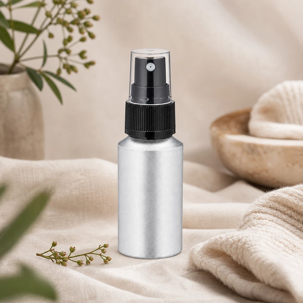 Kompakti 30 ml:n suihkepullo, joka on valmistettu peitatusta alumiinista ja jossa on ergonominen muotoilu liikkeellä oloa varten.