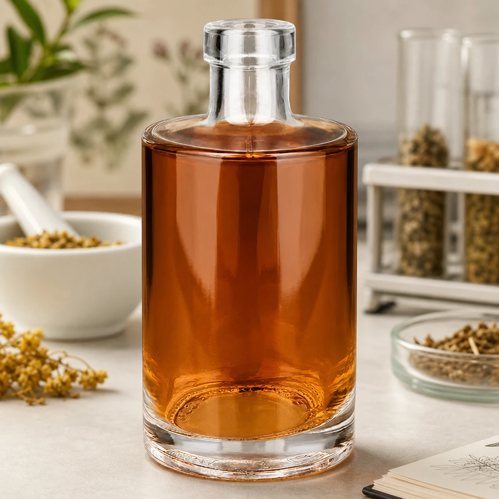 350ml Glasflasche "Marie" ohne Verschluss UNiTWIST 350 ml:n lasipullo Marie, jossa on meripihkanväristä sisältöä keittiön tiskillä mausteiden ja yrttien välissä Image 5 of 10