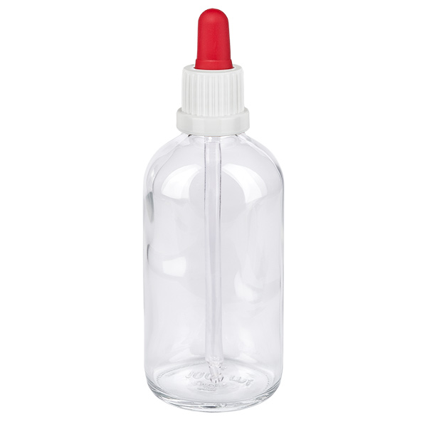 100ml pipettipullo valkoinen/punainen väärentämisen varalta suljettava ClearLine UT18/100 100 ml:n pipettipullo kirkkaasta lasista, jossa on valkoinen kierrekorkki ja punainen pipettipallo