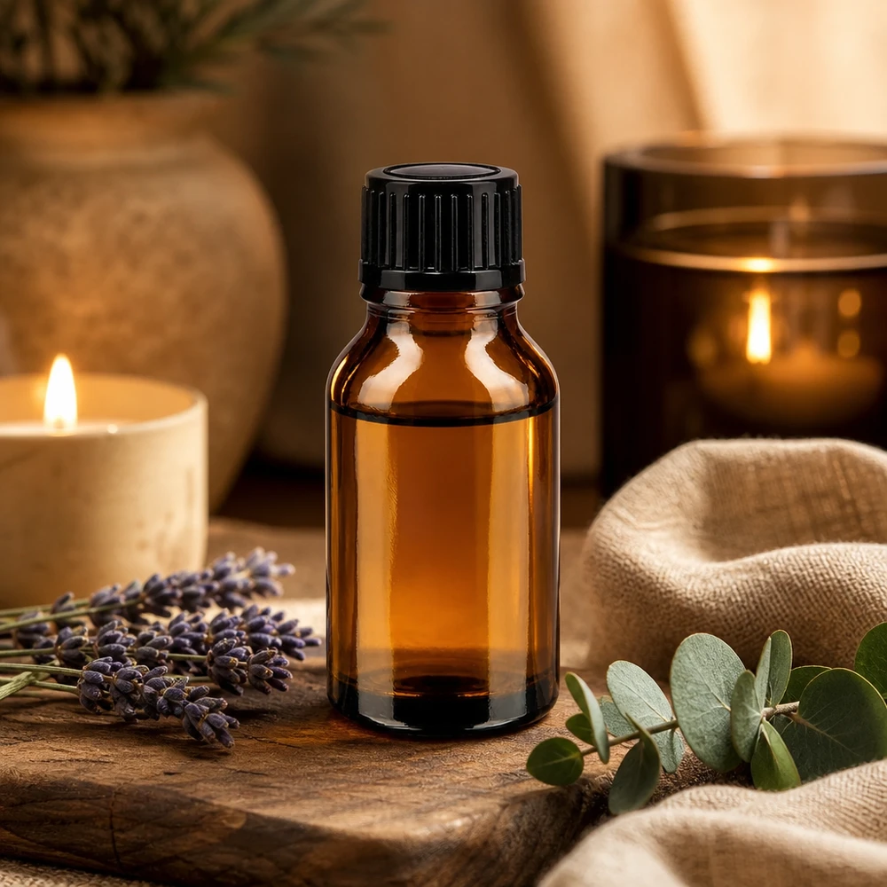 Apteekkipullo ruskea 15ml tippapullo korkki 1mm musta vakio. 15 ml:n valolta suojaava ruskealasi-pullo, jossa on musta tippakorkki, puualustalla ja laventelilla koristeltu