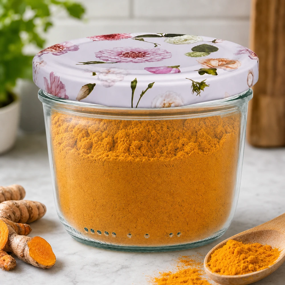 Tumblers 230ml täynnä kurkumajauhetta BasicSeal kansi kukka motiivi maustepurkki säilytyspurkki keittiöön