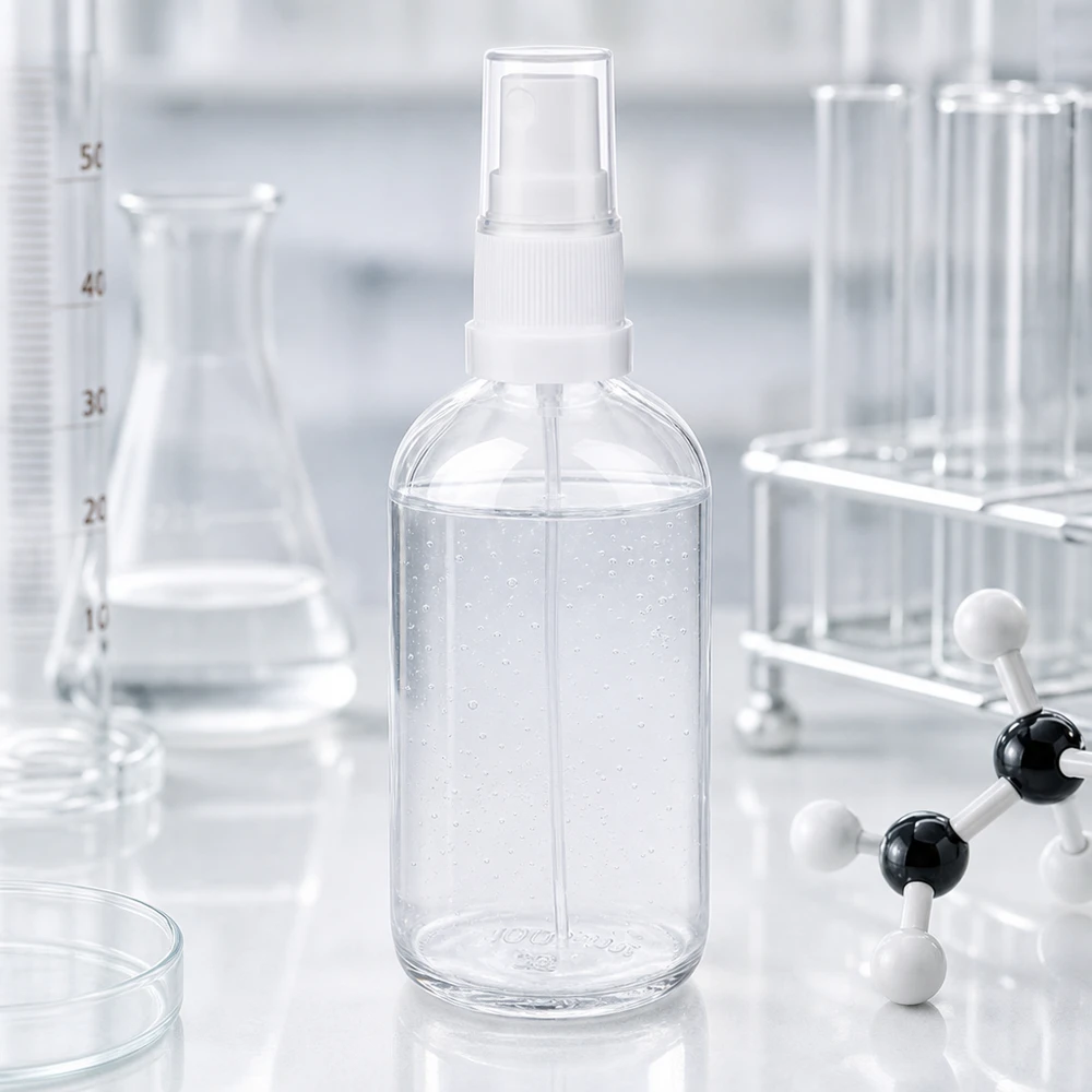 100 ml:n ClearLine UT18 -suihkepullo laboratoriossa, jossa on koeputkia ja molekyylimalli