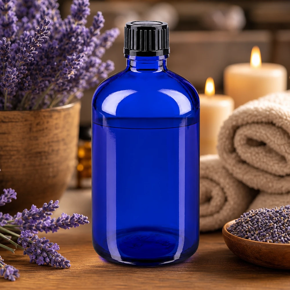 Apteekkipullo sininen 100ml ruuvikorkki musta standardi Sininen 100 ml:n lasipullo, jossa on musta korkki, ja jota ympäröivät laventeli ja kynttilät