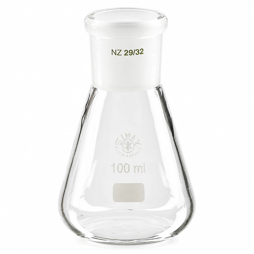 Erlenmeyer-pullo 100ml, jossa on vakiohiottu liitos (29/32). Erlenmeyer-pullo 100ml, jossa on vakiohiottu liitos (29/32).