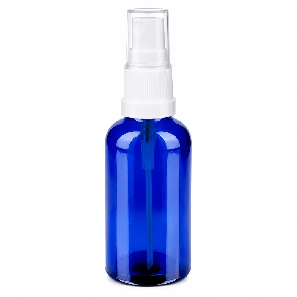 50ml suihkepullo valkoinen/läpinäkyvä vakiokorkki BlueLine UT18/50 BlueLine UT18/50 Sininen 50ml lasinen suihkepullo valkoisella suihkepäällä kosmetiikkaa ja eteerisiä öljyjä varten.