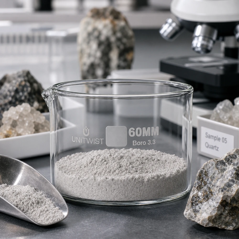 Kiteytysastia ø60mm borosilikaattilasi UNiTWIST 60 mm:n UNiTWIST-kiteytysastia, jossa on harmaata mineraalijauhetta, laboratoriopöydällä kivinäytteiden ympäröimänä