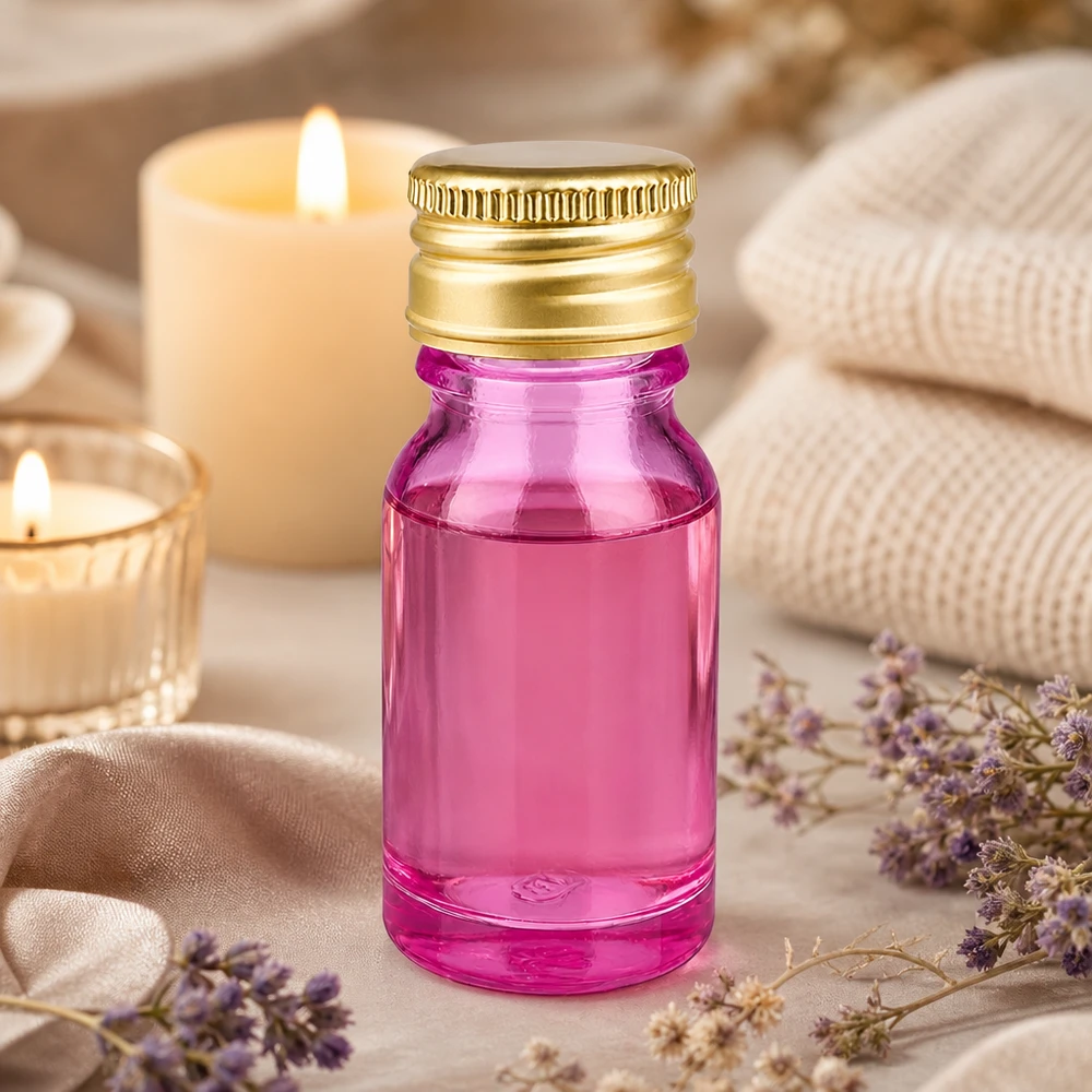Korkealaatuinen 10ml pullo, jossa on kuvioitu kultainen korkki ja violetti lasi premium-kosmetiikkatuotteille.