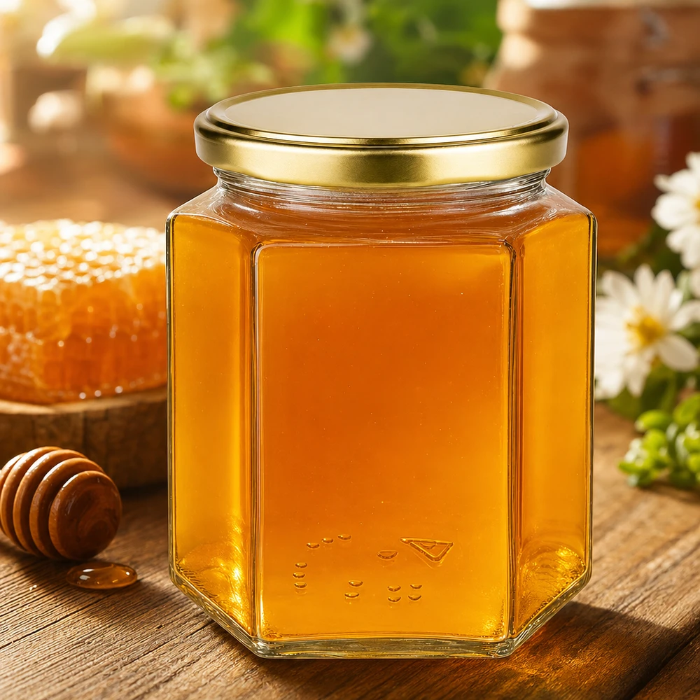 500g Honigglas mit goldenem Deckel BasicSeal UNiTWIST 500g Honigglas BasicSeal mit goldenem Deckel gefüllt mit Honig neben Bienenwabe und Honiglöffel auf Holztisch