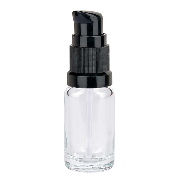 10ml pumppupullo musta vakiokorkki ClearLine UT18/10 10 ml:n lasipullo, jossa on musta pumppu (ClearLine UT18/10), kosmetiikka- ja seerumituotteille