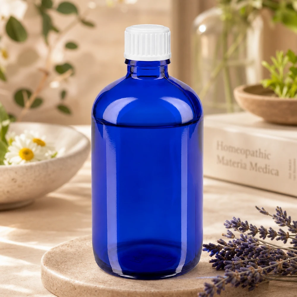 Apteekkipullo sininen 100ml kierrekorkki valkoinen standardi Sininen 100 ml:n lasipullo, jossa on valkoinen korkki, laventelin ja homeopatiakirjan vieressä