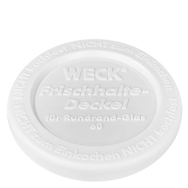 220 ml:n tulppaanipullo tuoreuskannella, WECK RR60 WECK freshness kansi valkoinen RR60 340ml sylinteripurkkiin Kansi lähikuvassa, jossa on kohokuvioitu logo ja kirjaimet.