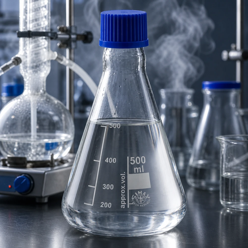 Erlenmeyer-pullo 500ml, jossa on kierrekorkki Erlenmeyerpullo 500ml, jossa on tarkka tilavuusasteikko ja sininen kierrekorkki tarkkaa mittausta varten.