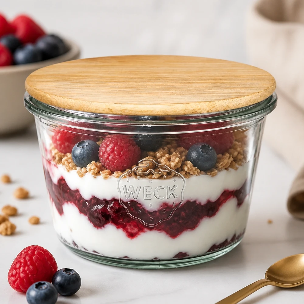 370ml juomalasit WECK RR100, joissa on puukansi WECK RR100 tumblers 370ml bambukannella, joka on täytetty kerroksellisella marja-myslijälkiruoalla - jogurtti-granola-vadelmat