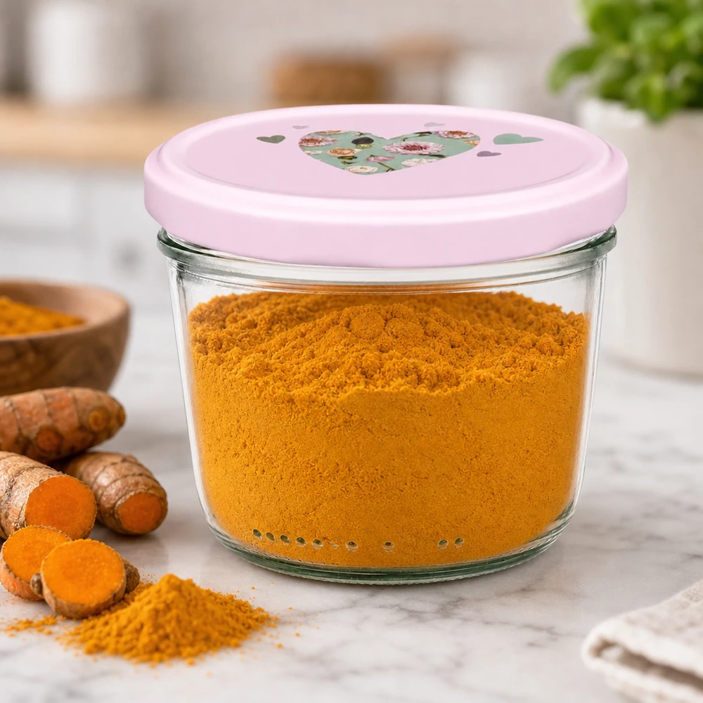 230ml juomalasit + BasicSeal kansi sydän vaaleanpunainen UNiTWIST 230 ml:n purkki, jossa on vaaleanpunainen sydämenmuotoinen kansi, täynnä kurkuma-maustejauhetta tuoreiden kurkumajuurien vieressä Keittiö