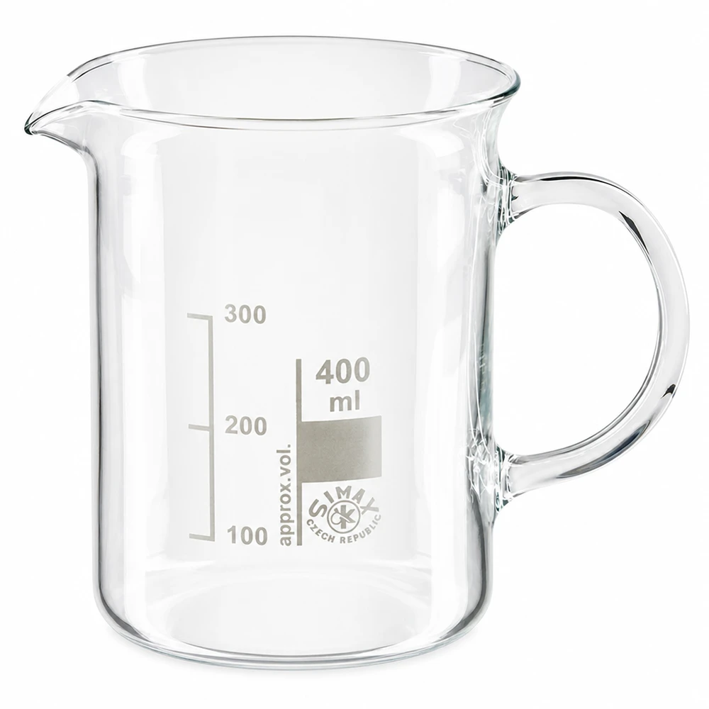 400 ml:n borosilikaattilasinen mitta-astia, jossa on kahva ja millilitrimittari 300 ml:iin asti