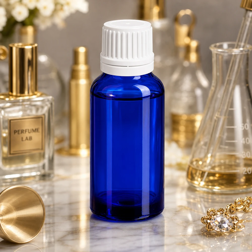 Pienikokoinen 20ml tippapullo tyylikkäässä sinisessä värissä, jossa on lapsiturvallinen UT18/20-kierre.