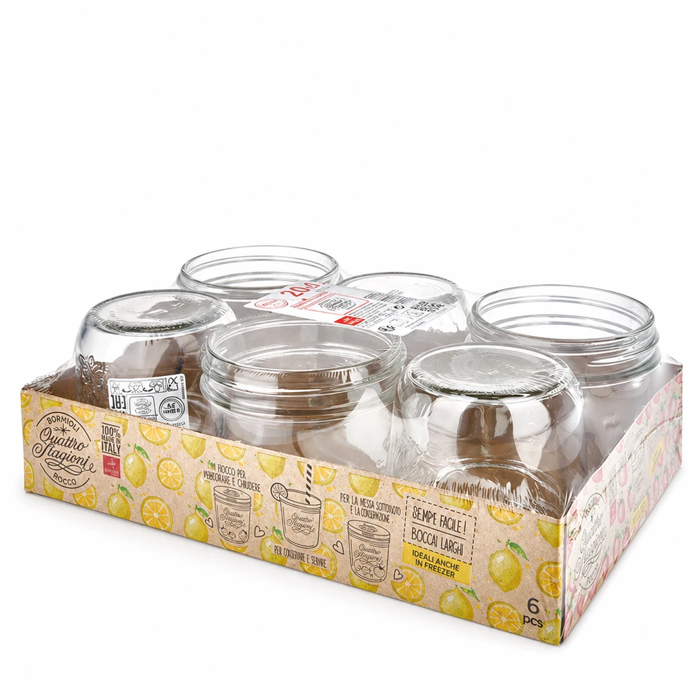 200ml "Quattro Stagioni" -mukit, joissa on kansi. 200ml muurinpohjapurkki Quattro Stagioni kannella 6 säilöntäpurkin sarja Italiasta keltaisessa pakkauksessa.