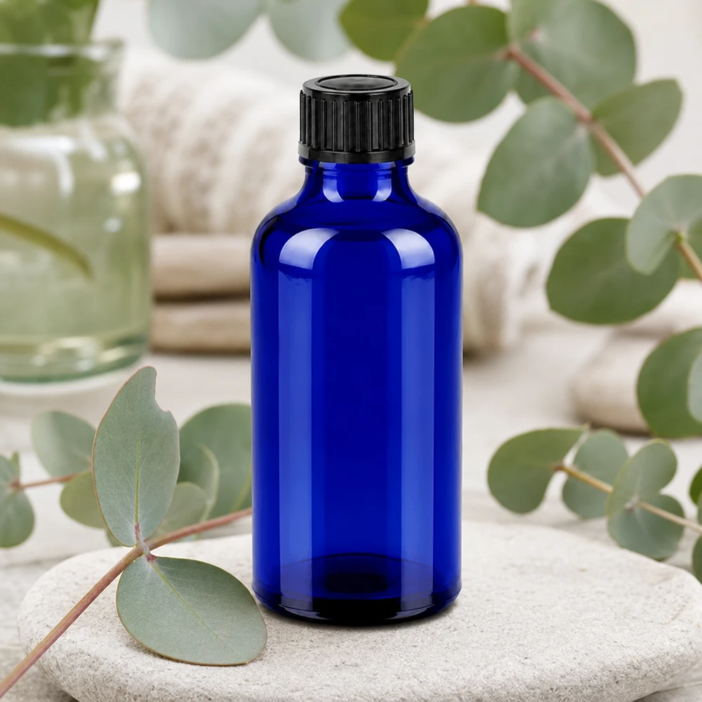 50ml pullo 11mm kierrekorkki musta väärentämisen estävä korkki BlueLine UT18/50 Tyylikäs koboltinsininen 50 ml:n lasipullo mattamustalla kierrekorkilla ammattikäyttöön.