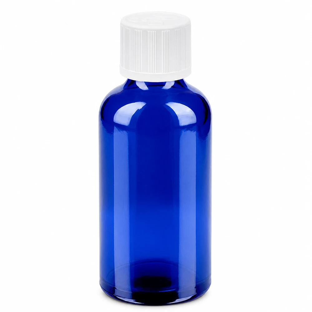 50ml sininen lasipullo valkoisella kierrekorkilla eteerisille öljyille ja kosmetiikalle.