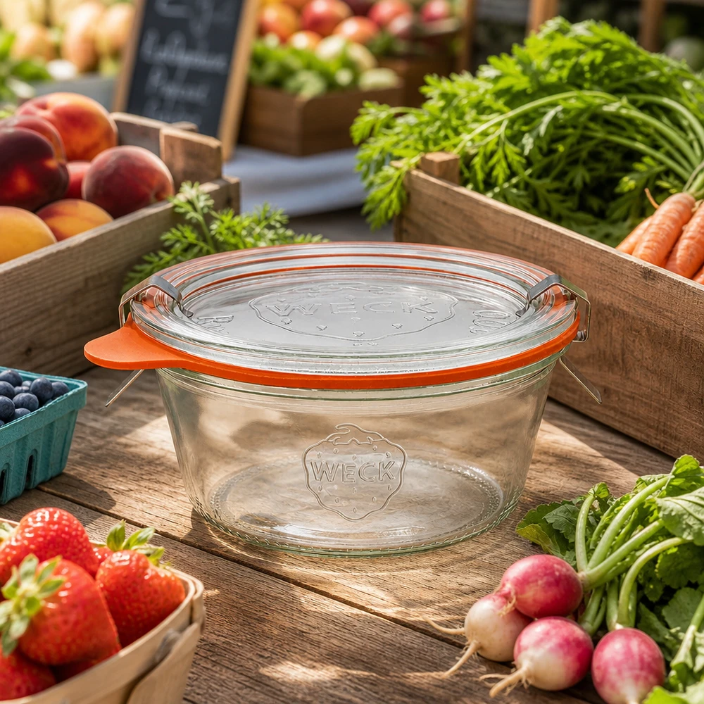 290ml tumppupurkki matala täydellinen WECK RR100 WECK tumblers 290ml RR100 oranssilla kumirenkaalla tuoreiden markkinavihannesten välissä Hedelmät säilytykseen