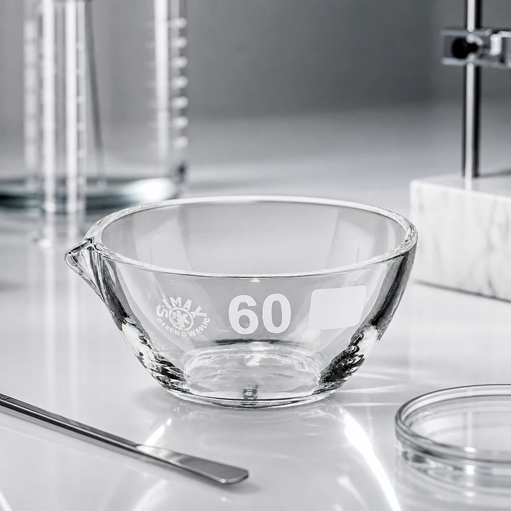 45ml höyrystinmalja borosilikaattikannulla ø60mm Pieni 45 ml:n borosilikaattihaihdutusastia, jossa on suulake, ihanteellinen mikroanalyyseihin ja tarkkaan annosteluun.