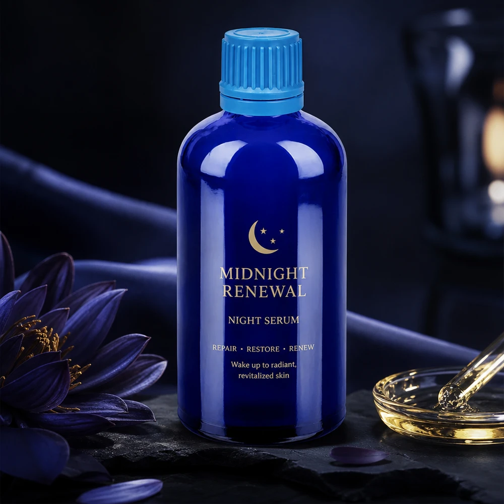 Ammattimainen 100ml sininen lasipullo SV-korkilla korkealaatuisille seerumeille ja öljyille.