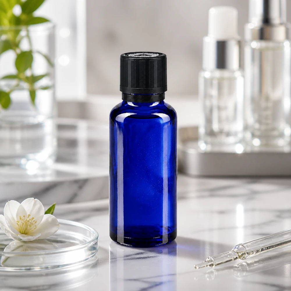 Apteekkipullo sininen 30ml tippapullon korkki kaadinrengas 1mm musta lapsilukko sokea varoitussymboli peukaloinnin estävä sulkeminen. Sininen 30 ml:n lasipullo, jossa on KiSi-korkki, marmoripinnalla pipetin ja valkoisen kukan vieressä