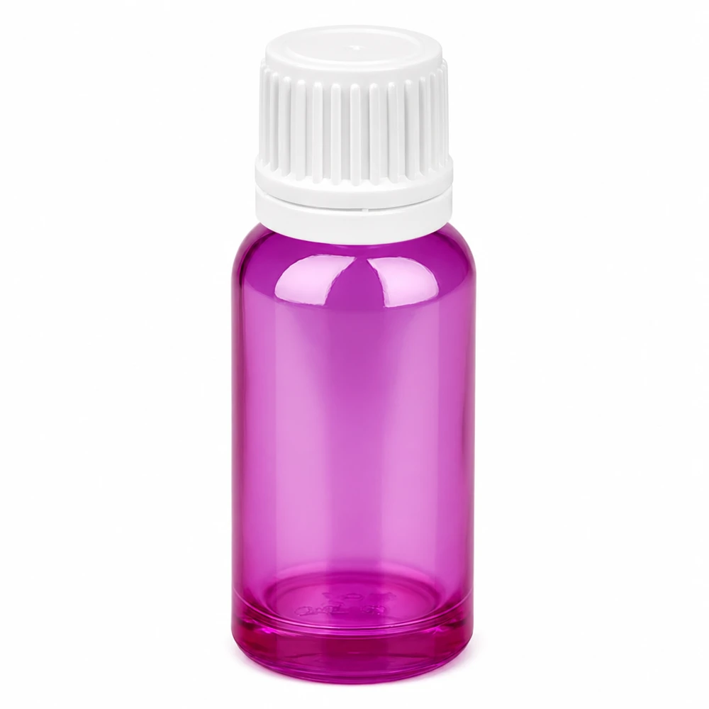 20ml violetti lasipullo valkoisella kierrekorkilla eteerisille öljyille ja kosmetiikalle.