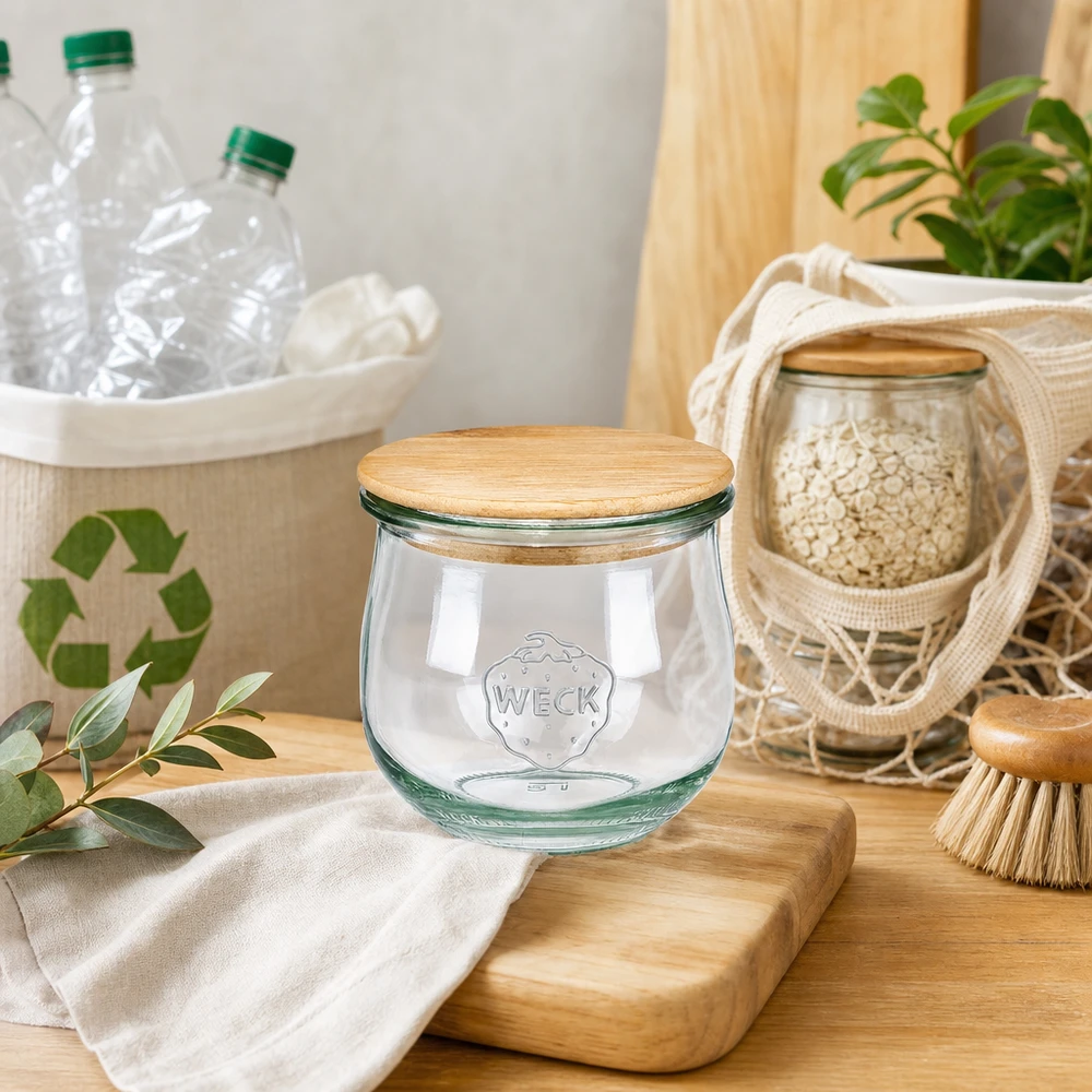 370ml tulppaanipurkki WECK RR80, jossa on puukansi WECK tulppaanipurkki 370ml RR80 puukannella kestävässä nollajätekeittiössä, jossa on kierrätysvälineet ja luonnonmukainen koristelu.