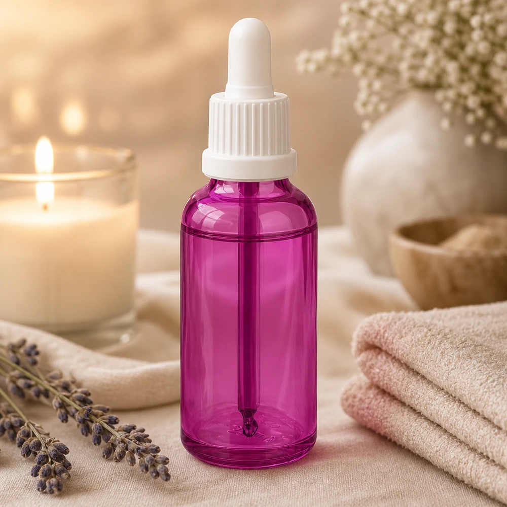 30ml pipettipullo valkoinen omaperäinen ruuvikorkki PurpleLine UT18/30 Laadukas 30ml PurpleLine-pipettipullo violetissa värissä seerumeille ja öljyille spa-alueella.
