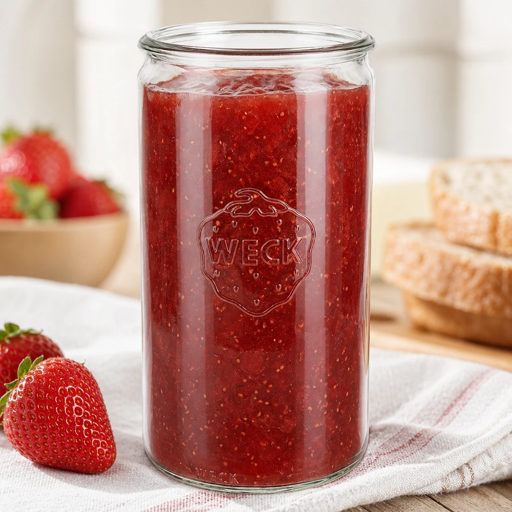 1590 ml:n sylinterimäinen WECK RR100 -lasipurkki WECK Zylinderglas 1590ml RR100 gefüllt mit Erdbeermarmelade neben frischen Erdbeeren und Brot in heller Küche
