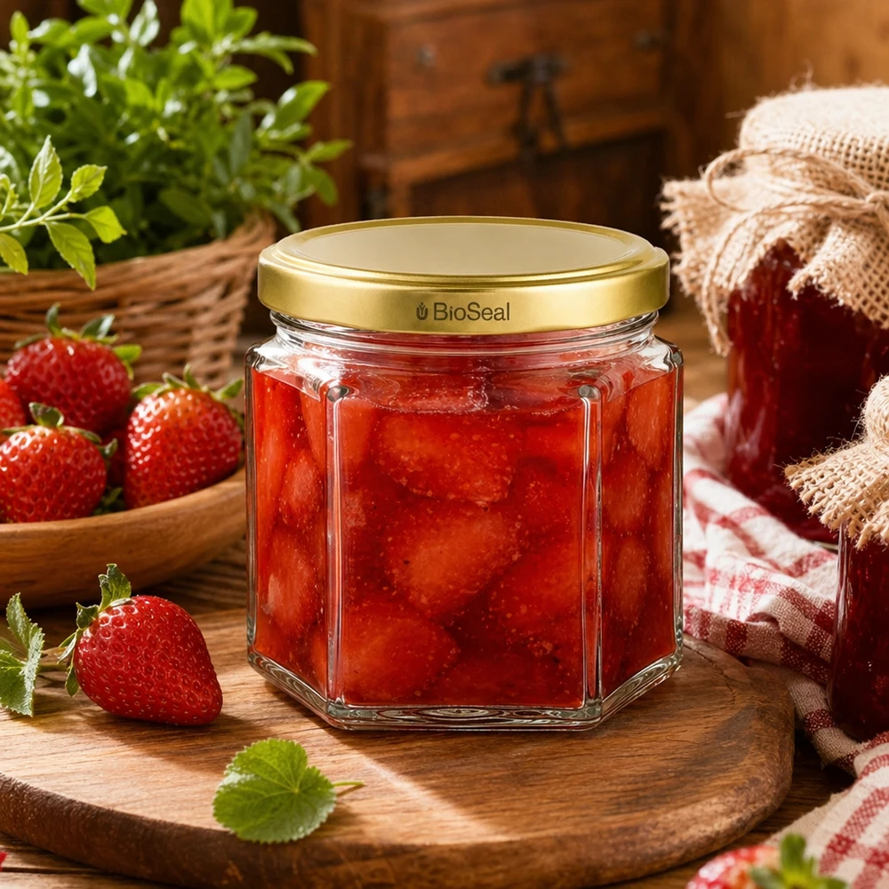 47ml Hexa-purkki, jossa on kultainen UNiTWIST BioSeal -kansi UNiTWIST Hexa47 Glasgefäß mit goldenem BioSeal Deckel für hausgemachte Erdbeermarmelade neben frischen Erdbeeren