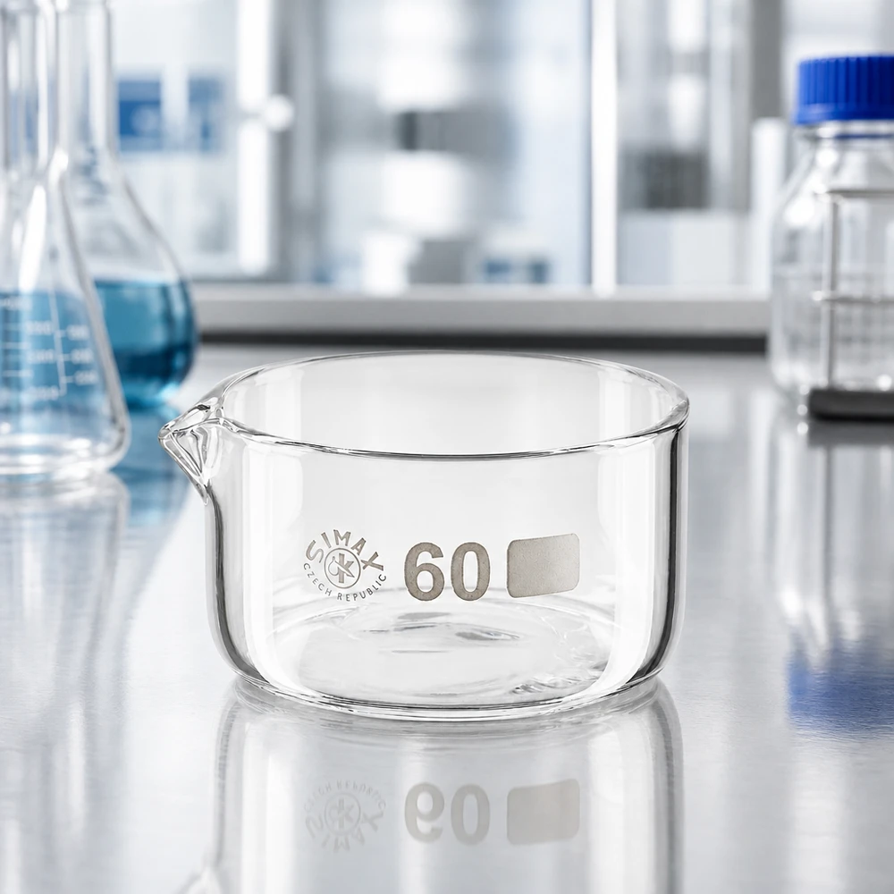 60ml kiteytysastia, jossa on borosilikaattikannu ø60mm Lasikulho 60 ml, kiteytyskulho, tasainen pohja, kaatonokka, laboratoriotarvikkeet, haihdutuskulho, Simax