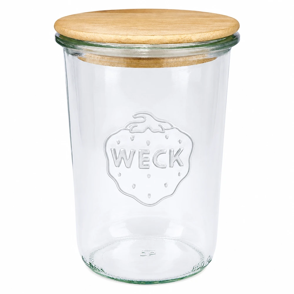 WECK tumbling-purkki 850ml RR100 puukannella Säilöntäpurkki läpinäkyvä WECK-logolla varustettuna