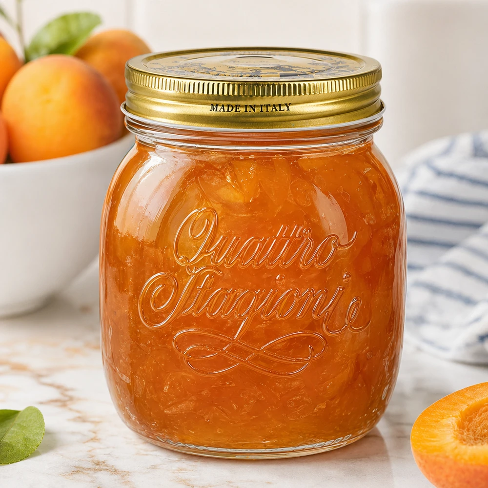 Quattro Stagioni 700ml pyöreä purkki täynnä aprikoosihilloa Made in Italy Säilöntäpurkki hilloille ja levitteille