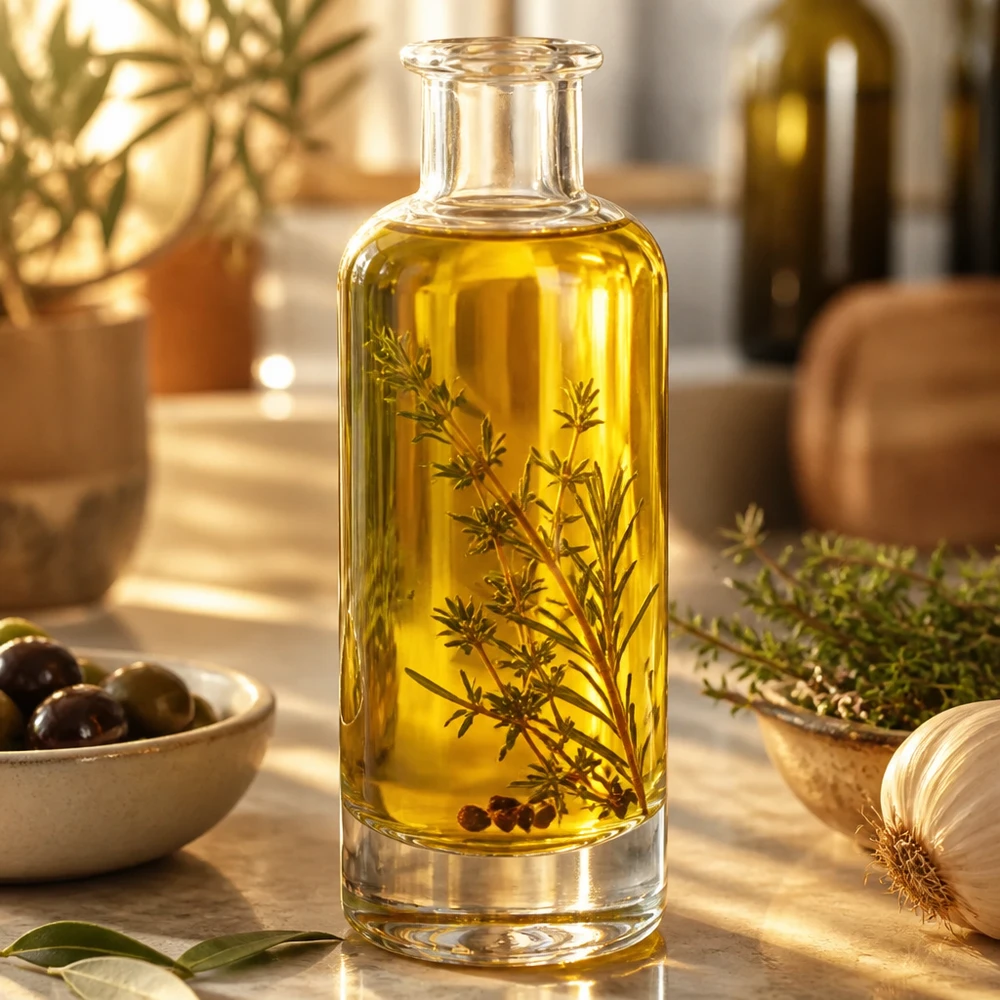 200ml Glasflasche "Ella" ohne Verschluss UNiTWIST 200ml Glasflasche Ella mit Kräuteröl und Rosmarin befüllt zeigt elegante Küchennutzung für aromatisierte Öle