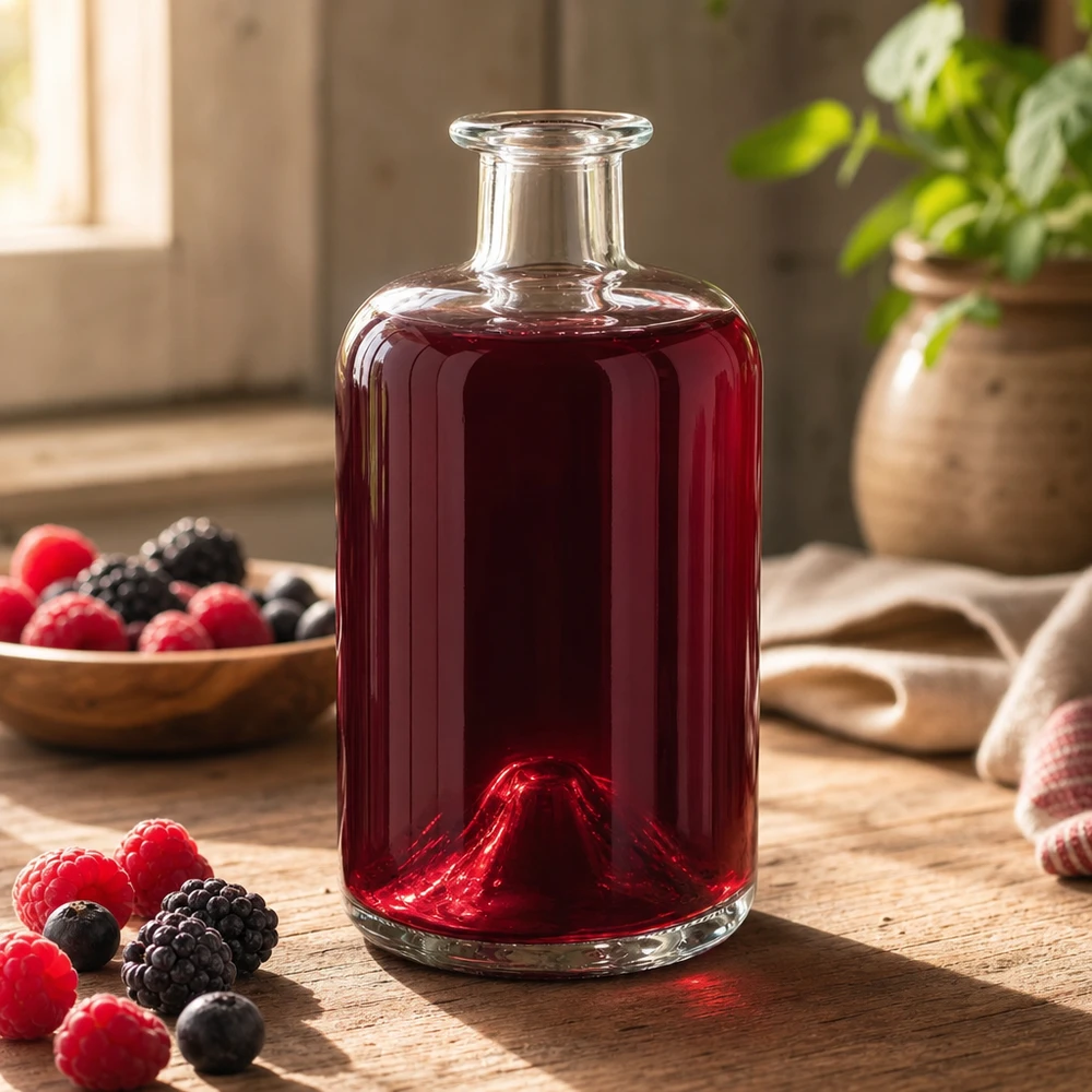 500ml Apothekenflasche "Classic" ohne Verschluss UNiTWIST® 500ml Glasflasche Sofia mit rotem Beerensaft befüllt Himbeeren Brombeeren dekorative Küchendeko Apothekerflasche