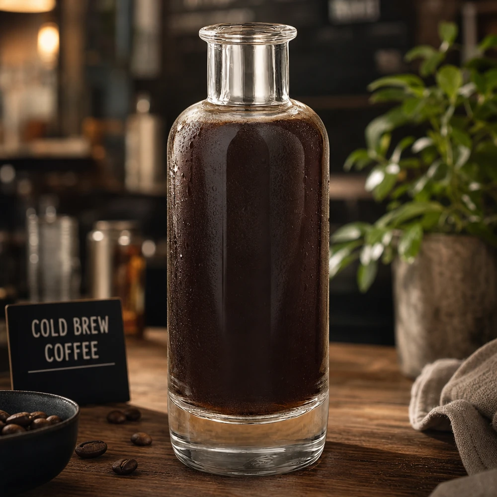 200ml lasipullo Ella täynnä kylmää kahvia kahvilatunnelmissa osoittaa käyttöä kahvijuomille.