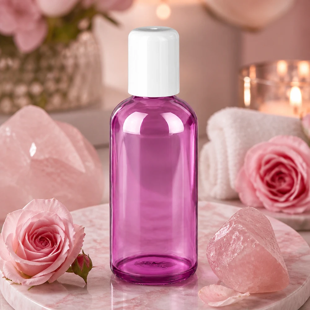 Läpinäkyvä 100ml roll-on-pullo, jossa on violetti sävy ja käytännöllinen roll-on-korkki.