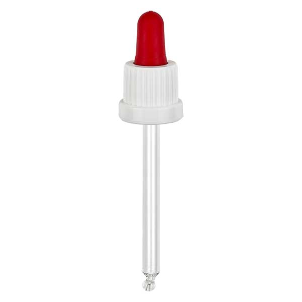 Lasinen tippapipetti valkoinen/punainen 18mm PL78 sulkeminen väärentämisen estävällä sulkimella. Lasinen tippapipetti valkoinen/punainen 18mm PL78 sulkeminen väärentämisen estävällä sulkimella.