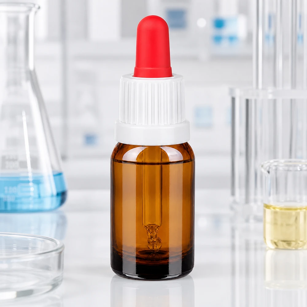 10 ml:n pipettipullo korkealaatuisesta meripihkalasista, jossa on UV-suoja ja tarkka annostelujärjestelmä.