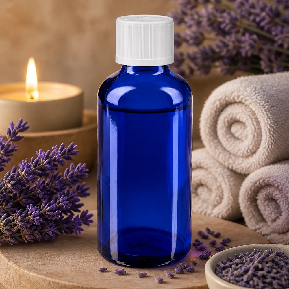 Sininen 50 ml:n lasipullo, jossa on tiputuslaite, laventelikukkien ja kynttilän välissä spa-ympäristössä